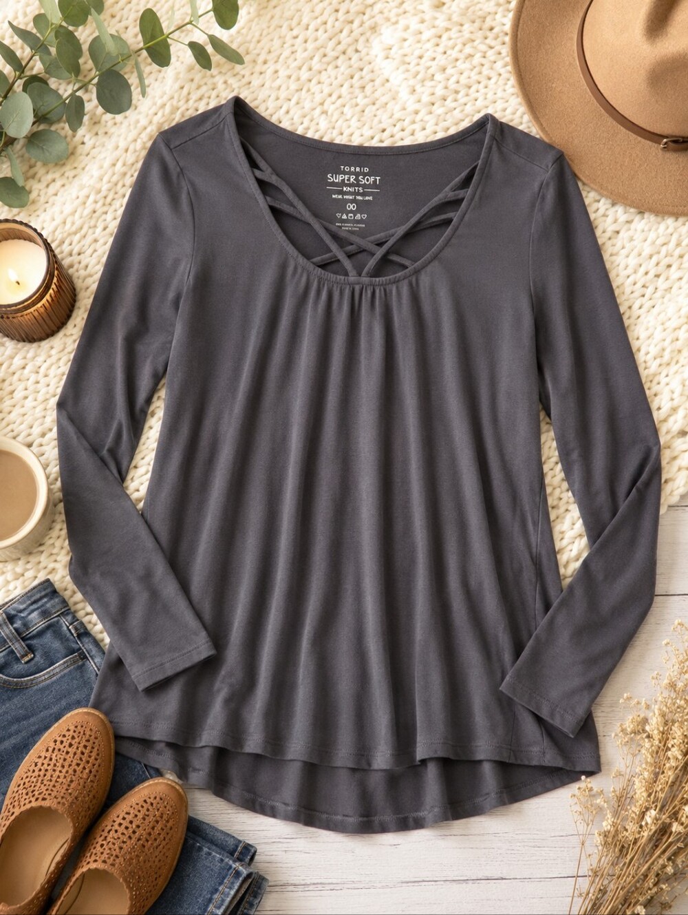 Torrid Super Soft Black Strappy Long Sleeve Top Plus Size 00 NWOT